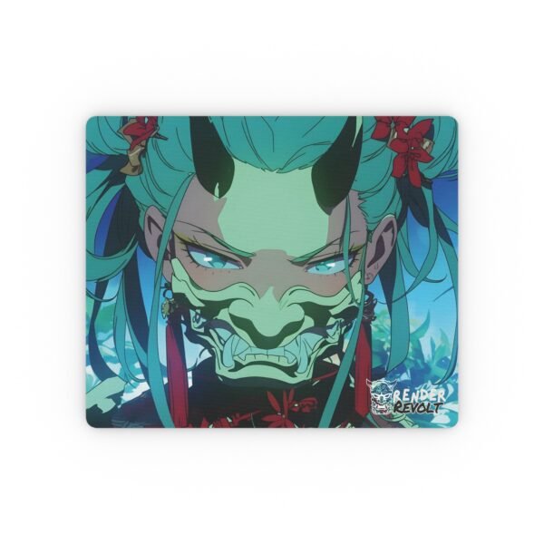 A modern workspace with a black wireless mouse resting on a vibrant anime-style mouse pad, featuring a character with piercing blue eyes, black horns, and a detailed demon mask against a bright, nature-inspired background.