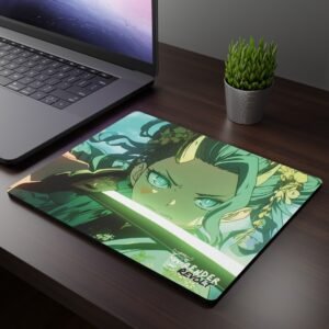 Saya Mouse Pad - A stylish desk setup featuring a laptop and a mouse pad with an anime-style character wielding a glowing green sword, adorned with golden horns and intricate floral accessories.
