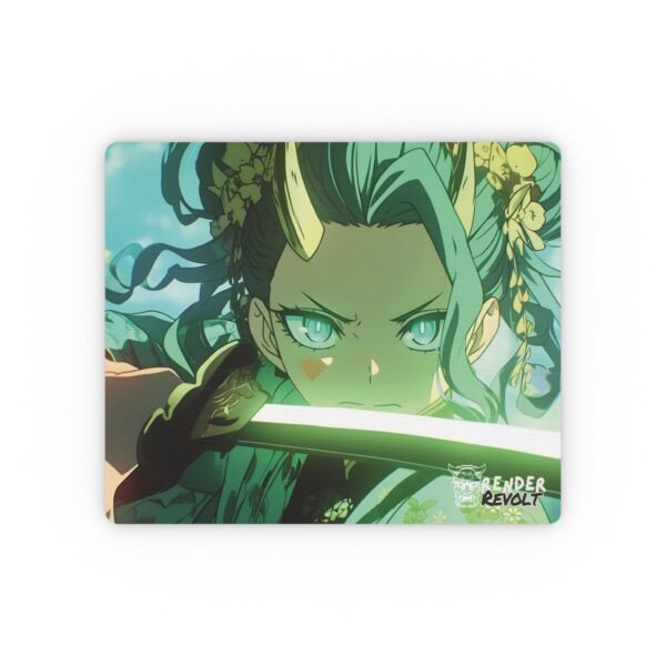 A close-up of an anime-themed mouse pad displaying a determined character with flowing teal hair, golden horns, and a glowing green sword, with the "Render Revolt" logo in the corner.