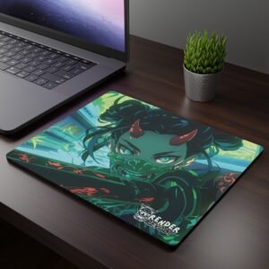 Saya Oni Mouse Pad - A sleek workspace setup featuring a laptop and a mouse pad with an anime-style character wearing red horns, a green demon mask, and intricate red markings, set against a futuristic city background.