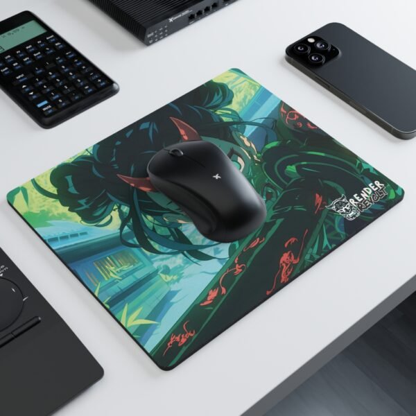 A modern desk setup with a black wireless mouse resting on a vibrant anime-themed mouse pad, showcasing a fierce character with red horns, a green mask, and an intense gaze.