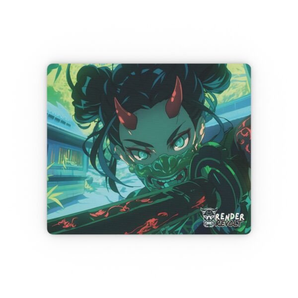 A close-up of the anime-inspired mouse pad, highlighting a dynamic character with dark hair, glowing eyes, red horns, and a green demon mask, set in a neon-lit futuristic cityscape with the "Render Revolt" logo in the corner.