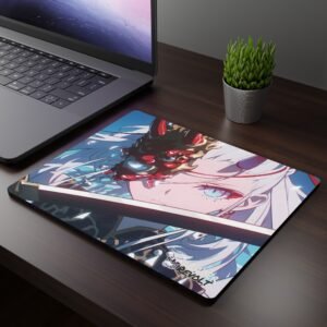 Sora Red Demon Mouse Pad - A dark wooden desk setup featuring a laptop and an anime-themed mouse pad, showcasing a fierce warrior with silver hair, a red and gold oni mask covering half their face, and a katana reflecting light.