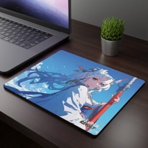 Sora Sky Mouse Pad - A dark wooden desk setup featuring a laptop and an anime-themed mouse pad, showcasing a warrior with flowing white hair, fox-like ears, and a red spear, set against a bright blue sky.