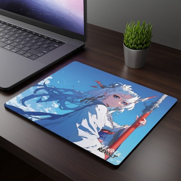 Sora Sky Mouse Pad - A dark wooden desk setup featuring a laptop and an anime-themed mouse pad, showcasing a warrior with flowing white hair, fox-like ears, and a red spear, set against a bright blue sky.