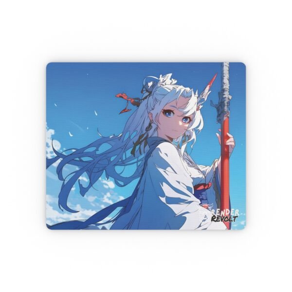 A close-up of an anime-inspired mouse pad, featuring a strong warrior with white hair, fox ears, and a red-tipped spear, gazing forward with determination against a clear blue sky, with the "Render Revolt" logo in the corner.