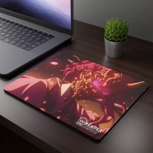 Suki Demon Mouse Pad - A modern workspace featuring a black wireless mouse on an anime-themed mouse pad, showcasing a character in a floral kimono with a golden oni mask, glowing pink eyes, and intricate rose decorations.