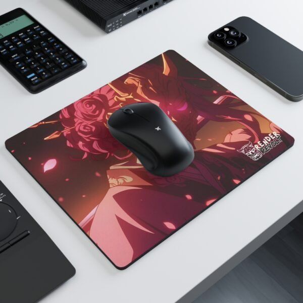 A close-up of an anime-inspired mouse pad, featuring a regal character with flowing hair, a detailed golden oni mask with glowing pink eyes, and a kimono decorated with delicate rose patterns, with the "Render Revolt" logo in the corner.