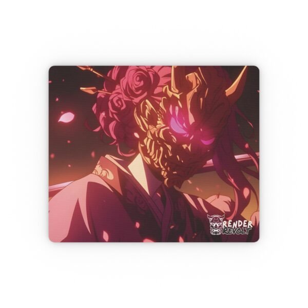 A dark wooden desk setup with a laptop and an anime-style mouse pad, depicting a mysterious figure wearing an ornate demon mask adorned with roses, illuminated by soft pink and golden hues.