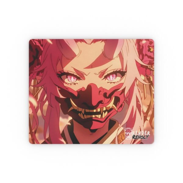 A close-up of an anime-inspired mouse pad, displaying a powerful character with white-pink hair, curved horns, a menacing red demon mask, and piercing pink eyes, with the "Render Revolt" logo in the corner.