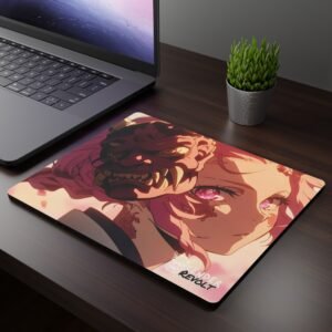 Suki Oni Mouse Pad - A dark wooden desk setup featuring a laptop and an anime-themed mouse pad, showcasing a character with pink hair, glowing pink eyes, and a menacing demon mask resting on their shoulder, blending light and dark tones.