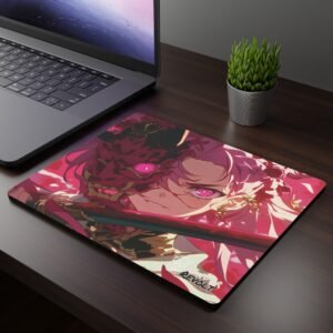Suki Rose Mouse Pad - A dark wooden desk setup featuring a laptop and an anime-themed mouse pad, which showcases a fierce character with pink hair, glowing pink eyes, and a red oni mask covering half their face, holding a sword.