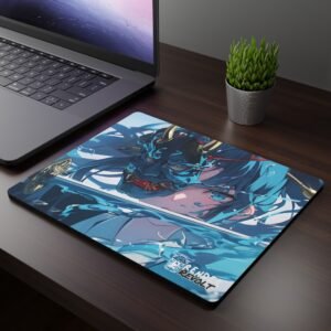 Yuna Water Demon Mouse Pad - A dark wooden desk setup featuring a laptop and an anime-themed mouse pad, showcasing a warrior with blue hair, a fierce blue oni mask, and a sword surrounded by splashing water.