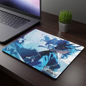 Yuna Water Mouse Pad - A dark wooden desk setup featuring a laptop and an anime-themed mouse pad, showcasing a serene character with flowing blue hair, a dark horned mask, and a water-like aesthetic in shades of blue and white.
