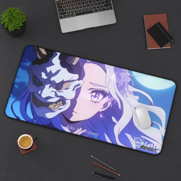A gaming desk setup featuring an anime-themed mouse pad with "Akira Shadow," a character with glowing purple eyes and a menacing expression. The desk has a curved monitor, gaming PC, and accessories neatly arranged.
