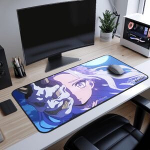 Aiko White Oni Desk Mat - A close-up of the "Render Revolt" logo printed on an anime-themed gaming mouse pad. The logo, featuring a stylized oni mask, is set against a blue and white gradient background, matching the pad’s cool-toned color scheme.