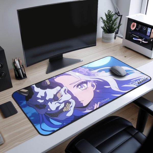 Aiko White Oni Desk Mat - A close-up of the "Render Revolt" logo printed on an anime-themed gaming mouse pad. The logo, featuring a stylized oni mask, is set against a blue and white gradient background, matching the pad’s cool-toned color scheme.