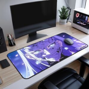 Aiko White Hannya Mask Desk Mat featuring a striking anime character with deep purple hair, glowing blue eyes, and intricate tribal markings across his face. He wears an ominous, highly detailed mask that partially covers his features, giving him a supernatural presence.