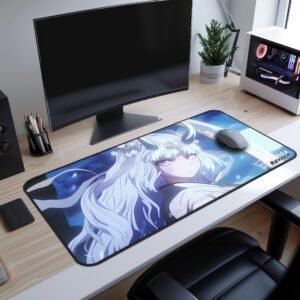 Aiko White Night Desk Mat featuring a menacing anime character with white hair and glowing blue eyes. His face is adorned with intricate tribal markings, and he wears an ornate mask with an eerie grin. The deep purple color scheme gives the artwork a mystical, supernatural feel.