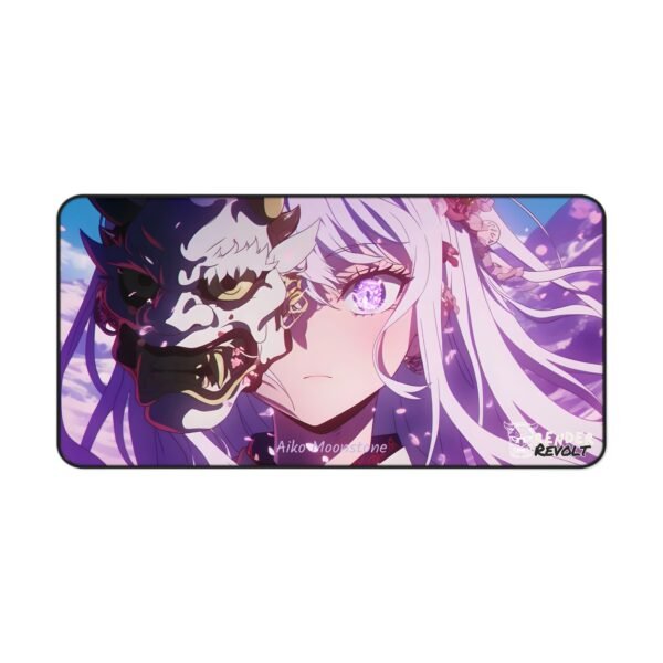 A gaming desk mat showcasing a powerful anime character with long white hair, curved horns, and an ornate headpiece. She gazes forward with glowing eyes, gripping a massive sword with intricate gold engravings. The background is a deep blue, resembling a celestial night sky.