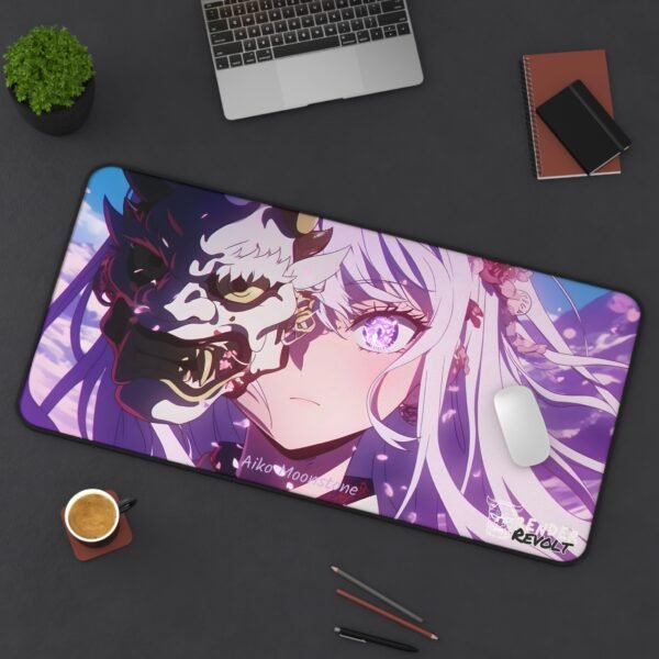 A large anime-themed mouse pad on a modern workspace. The illustration features a white-haired, horned warrior woman wielding a glowing sword against a starry night backdrop. Her expression is intense, with piercing blue eyes and ethereal markings on her cheeks.