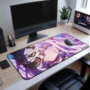 Aiko White Demon Desk Mat featuring an anime-style illustration of a white-haired female character with striking purple eyes. She wears an intricate demon mask over one side of her face, blending a mystical and fierce aesthetic. The mouse pad is placed on a sleek wooden desk setup with a curved monitor, keyboard, and a potted plant.