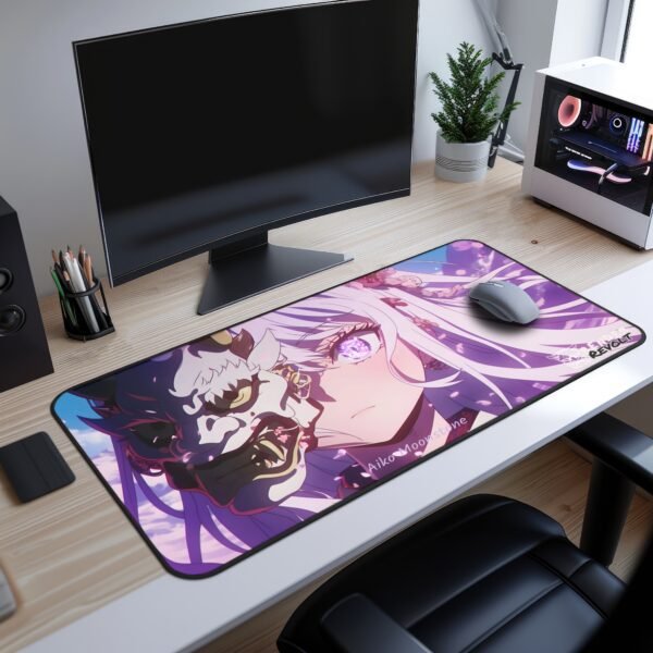 Aiko White Demon Desk Mat featuring an anime-style illustration of a white-haired female character with striking purple eyes. She wears an intricate demon mask over one side of her face, blending a mystical and fierce aesthetic. The mouse pad is placed on a sleek wooden desk setup with a curved monitor, keyboard, and a potted plant.