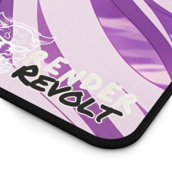 A close-up of a gaming desk mat displaying an anime character with long white hair, vibrant purple eyes, and a traditional Japanese oni mask covering half her face. The fabric texture and stitched edges are visible, with the words "Render Revolt" printed in bold black and white font on the corner.
