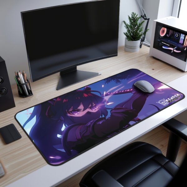 A gaming setup with Akira Shadow Mist Desk Mat on a white desk. The pad showcases an illustration of a masked female warrior with glowing purple eyes, wielding a katana. A curved monitor, a gaming PC, and various office supplies are neatly arranged on the desk.