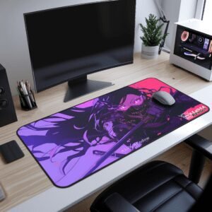 Akira Enraged Desk Mat - A modern desk setup with a gaming PC, a curved monitor, and an anime-themed desk mat. The mat features the same purple-eyed warrior gripping a glowing katana, placed on a sleek white wooden desk with a black leather chair.