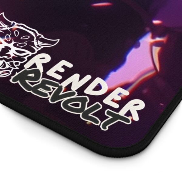 A close-up of the "Render Revolt" logo printed on the desk mat, featuring bold white and black lettering with a stylized oni mask illustration. The design has a slight glow effect, contrasting with the dark background.