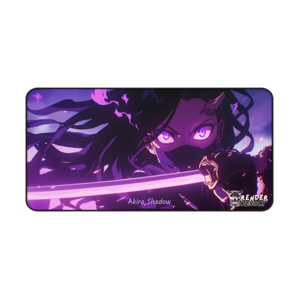 A desk mat featuring an anime-style female warrior with glowing purple eyes, a face mask, and a katana emitting a bright purple light. Her long hair flows dramatically, and the background has a dark, ethereal glow. The mat includes the text "Akira Shadow" and "Render Revolt."