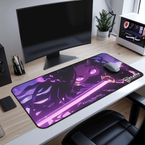 Akira Shadow Katana Desk Mat -A close-up of the "Render Revolt" logo printed on the desk mat, featuring bold white and black lettering with a stylized oni mask illustration. The design has a slight glow effect, contrasting with the dark background.
