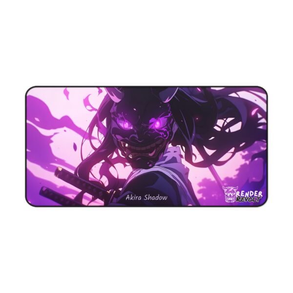 A large gaming mouse pad featuring "Aiko Moonstone," an anime-style character with silver hair and a detailed demon mask covering most of their face. The character’s glowing blue eyes contrast against the deep blue and purple background, with cherry blossom petals floating around. The "Render Revolt" logo is in the bottom right corner.