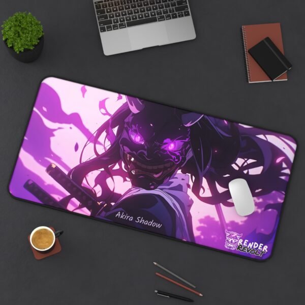 A wide desk mat with an anime illustration of "Aiko Moonstone," who is partially unmasked, revealing half of their face. The character's long, flowing white hair and glowing purple eye contrast against the dark blue background, which is illuminated by a full moon. The mat is set on a black desk with a white mouse resting on it.
