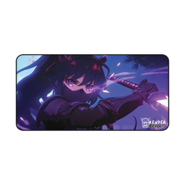 A close-up of the anime-themed desk mat showcasing the same masked female warrior with a katana. The background consists of a dark sky with glowing embers, and the mat features the "Akira Shadow" and "Render Revolt" branding.