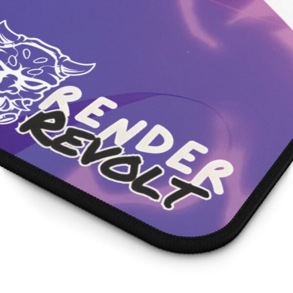A close-up of the "Render Revolt" logo printed on the corner of an anime-themed gaming mouse pad. The logo features a stylized oni mask design with bold, white text against a purple and blue gradient background.