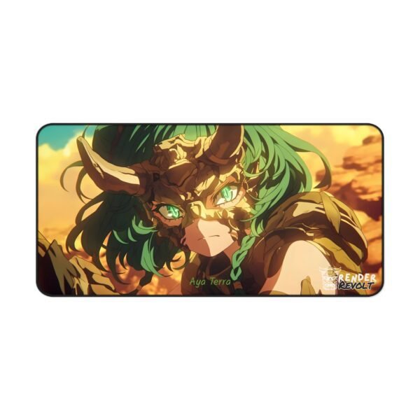 A large gaming mouse pad featuring an anime-style illustration of a fierce green-haired female warrior. She wears battle-scarred armor with earthy tones and a determined expression,