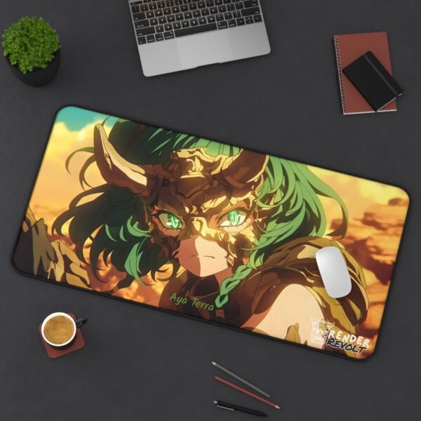 A fantasy-inspired gaming mouse pad depicting a green-haired female warrior with striking emerald eyes, wearing a golden, horned helmet that resembles cracked stone. Her face is partially covered by the rugged mask, giving her an intense and battle-hardened look.