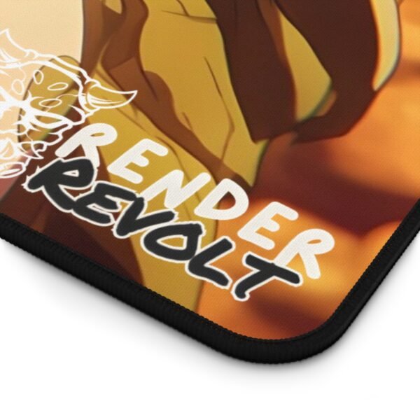 A close-up of a gaming mouse pad’s textured fabric, showcasing the "Render Revolt" branding alongside a partial view of an anime-style warrior illustration.