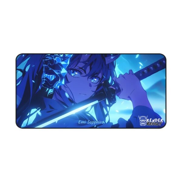 A desk mat displaying a blue-themed anime-style illustration of a character named Emi Sapphire. The character has glowing blue eyes, holds a katana, and wears a crystalline mask resembling a demon.