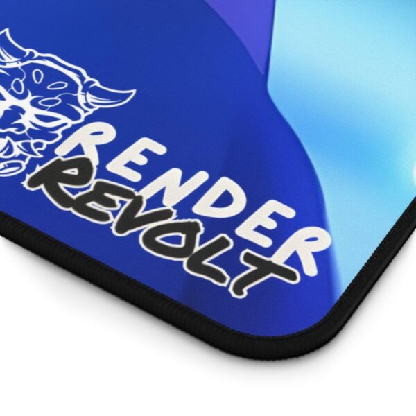 A detailed close-up of a blue gaming mouse pad featuring the "Render Revolt" logo in white and black, along with a stylized oni mask design in the corner.