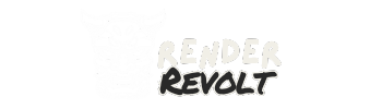 Logo with a stylized white tiger face on the left and the words Render Revolt in bold white text on the right, all against a black background.