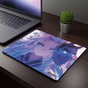 Aiko Demon Oni Mouse Pad featuring a white-haired character with glowing blue eyes, a mischievous smile, and a floating oni mask, placed on a dark wooden desk next to a laptop and plant.
