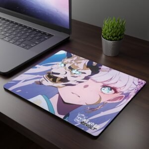 Aiko Moon Mouse Pad featuring a white-haired character with radiant blue eyes, holding a mystical oni mask, placed on a dark wooden desk next to a laptop and plant.