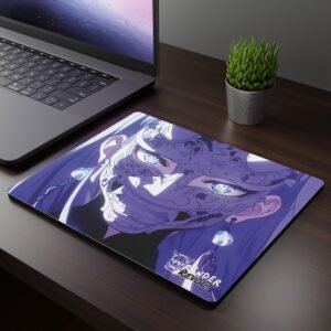 Aiko White Hannya Mouse Pad featuring a detailed demon mask with glowing eyes and sharp features, placed on a sleek white desk next to a black wireless mouse and smartphone.