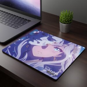 Aiko White Oni Mouse Pad featuring a white-haired character with glowing blue eyes, holding a delicate mask adorned with gold details, set on a dark wooden desk next to a laptop and plant.