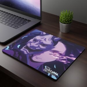 Akira Oni Mouse Pad featuring a dark-skinned character in a fierce pose with a detailed mask, placed on a sleek white desk next to a laptop and smartphone.
