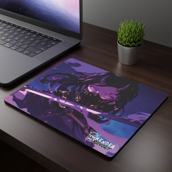 Akira Purple Gaze Mouse Pad - A mousepad with a close-up of a female character wearing a mask and holding a sword, with the "Render Revolt" logo
