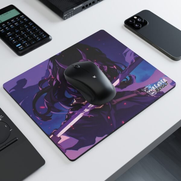 An anime-themed mouse pad showing a character with a glowing mask and background, showcasing intense features.